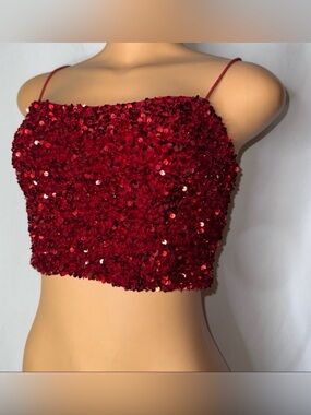 AKIRA Red Sequin Spaghetti Strap Crop Top